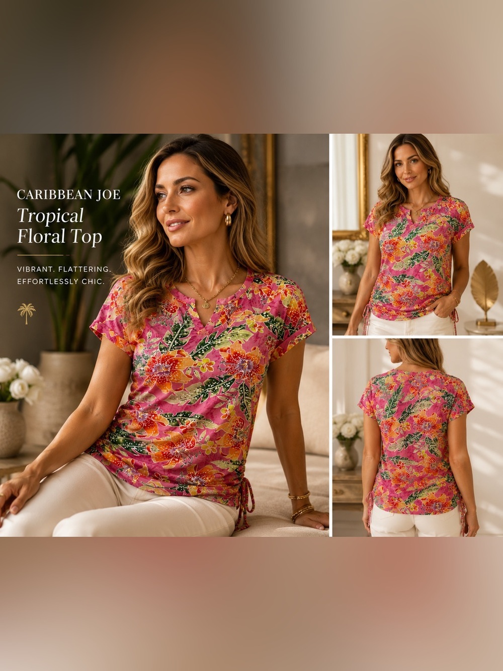 Caribbean Joe Tropical Floral Pink Ruched Side Tie Short Sleeve Tee L